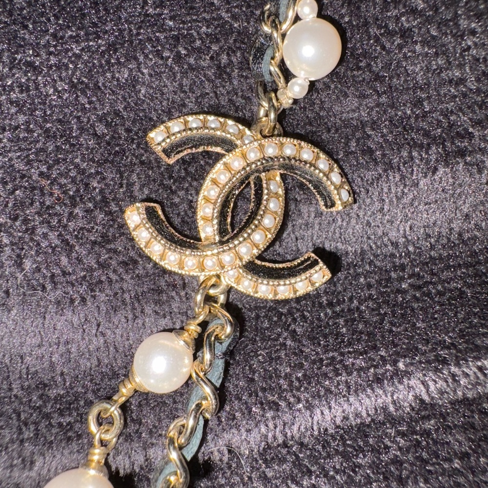 CHANEL Gold and Pearl Logo Necklace
